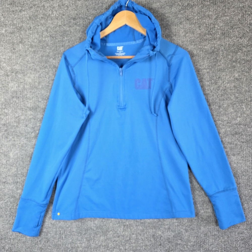 CAT Quarter Zip Hoodie Women's‎ Large Blue Sweatshirt Workwear Fleece Thumbholes